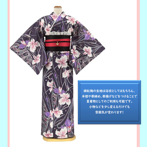 京染浴衣 浴衣単品 「総箔 花菖蒲」 朱色地 箔入り 綿紅梅 綿100
