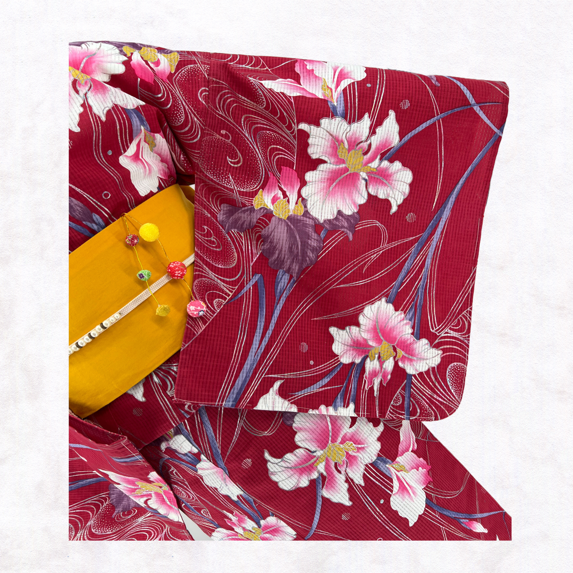 【新品】半幅帯　木版染め　小花　綿紅梅 【新品】半幅帯　木版染め　小花　綿紅梅