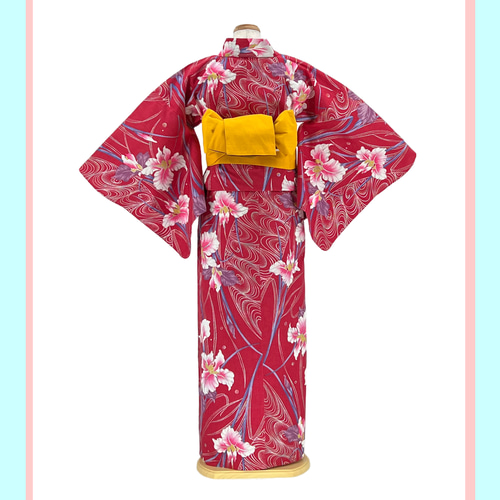 京染浴衣 浴衣単品 「総箔 花菖蒲」 朱色地 箔入り 綿紅梅 綿100
