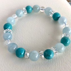 天然石「夏の空*海を思わせ」アクアマリン*ターコイズ*７Aダイヤ艶水晶　ブレスレット 1枚目の画像