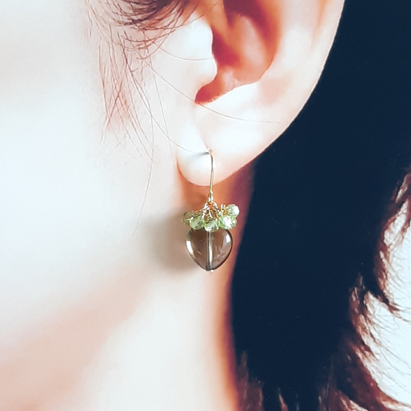煙晶心型橄欖石耳環 第6張的照片