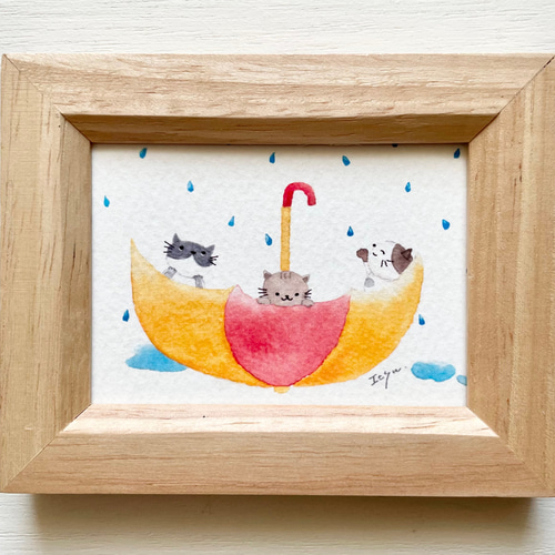 透明水彩画 ミニ額「楽しい雨の日」イラスト 猫 ねこ ネコ 梅雨 透明水彩画 ミニ額「楽しい雨の日」イラスト 猫 ねこ ネコ 梅雨