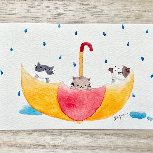 透明水彩画 3枚セット「楽しい雨の日」ポストカード イラスト 猫