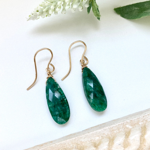 k14gf 大粒エメラルド ロングペアシェイプカットピアス ピアス（フック 