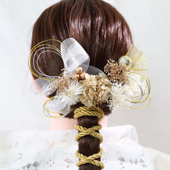 ドライフラワー ヘッドパーツ 成人式 紐アレンジ 結婚式 卒業式髪飾り プリザーブドフラワー 水引 紐 和玉　ゼクト 2枚目の画像