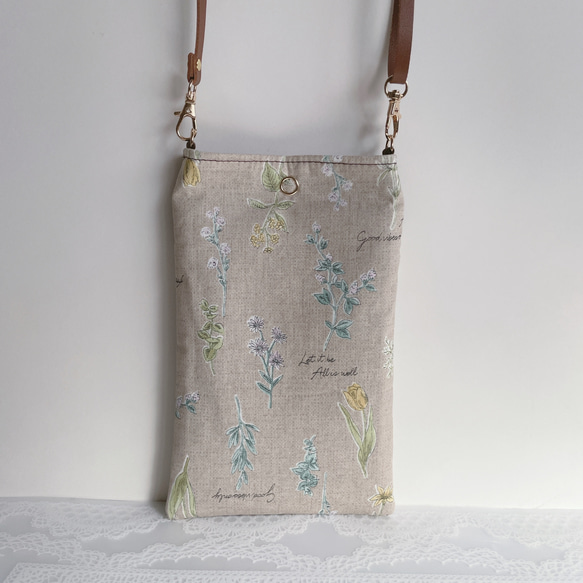 スマホショルダー カフェ風フラワー×モカ/ポシェットスマホポーチ/合皮ショルダーストラップ　長さ調整可能◎ギフト 4枚目の画像