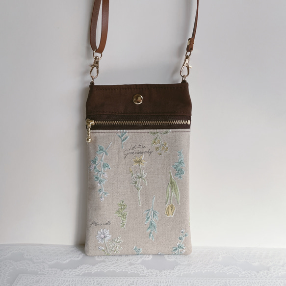 スマホショルダー カフェ風フラワー×モカ/ポシェットスマホポーチ/合皮ショルダーストラップ　長さ調整可能◎ギフト 3枚目の画像