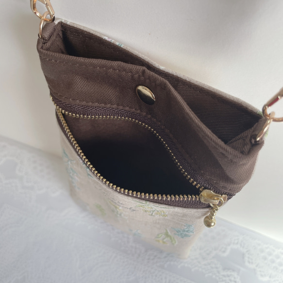 スマホショルダー カフェ風フラワー×モカ/ポシェットスマホポーチ/合皮ショルダーストラップ　長さ調整可能◎ギフト 6枚目の画像
