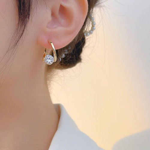 ワンタッチ 一粒CZダイヤ フープピアス キャッチレス ゴールド