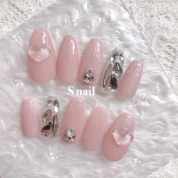 ネイルチップ ピンク マグネットネイル ハート ストーン 韓国 ガーリー