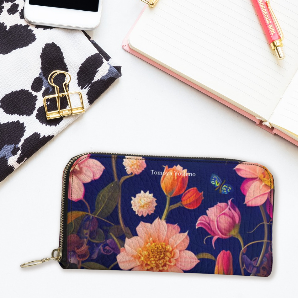 北欧のカラフルで色鮮やかな花柄に飛び交う神秘的な蝶のような鳥 長財布ポーチ 本革