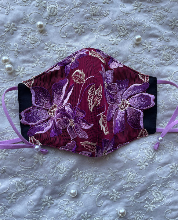刺繍レースマスク》華やか デザイン パープル系 ダブル抗菌加工