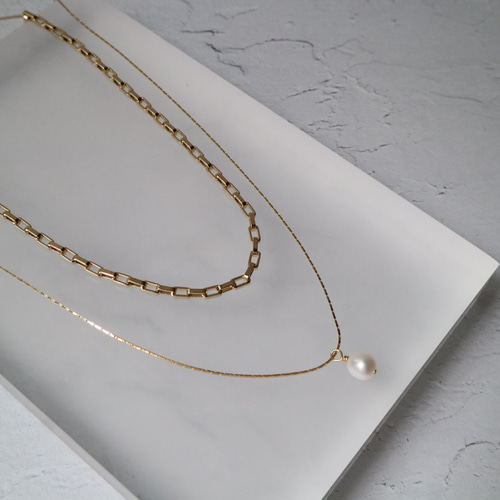 一粒淡水パール×ボックスチェーンの2連ネックレス ネックレス