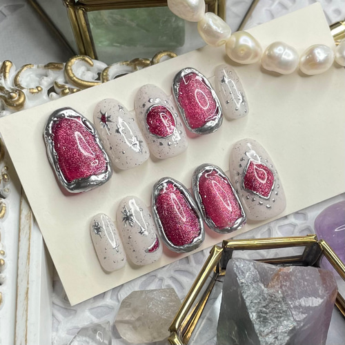 サイズオーダー♡マグネット×サンド 宝石風ネイルチップ レッド order  