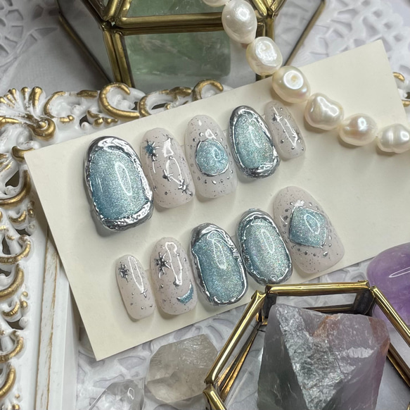 サイズオーダー♡マグネット×サンド 宝石風ネイルチップ ブルー