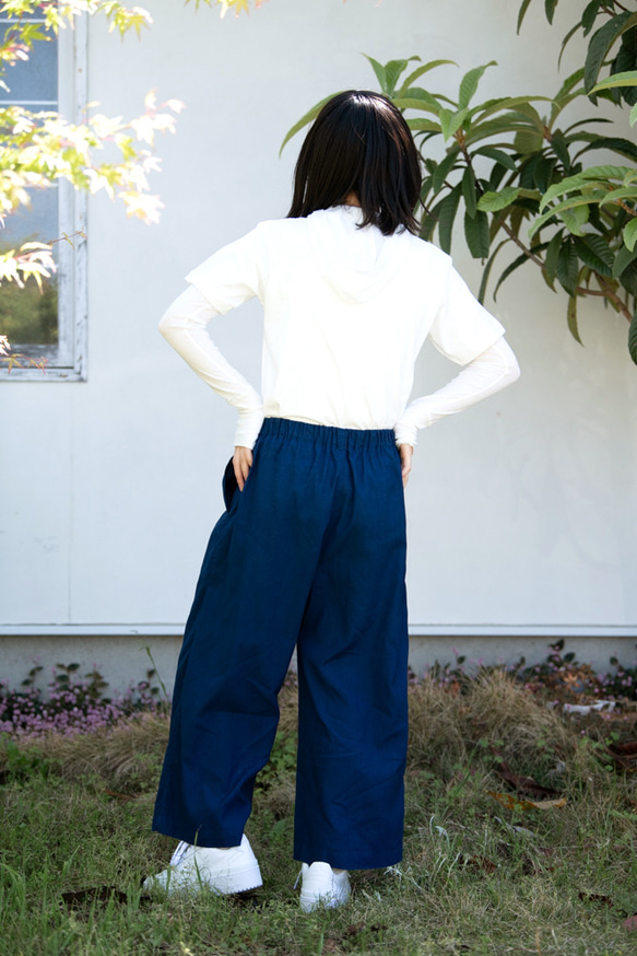 亞麻 &amp; 棉質夏季靛藍染色闊腿褲 第6張的照片