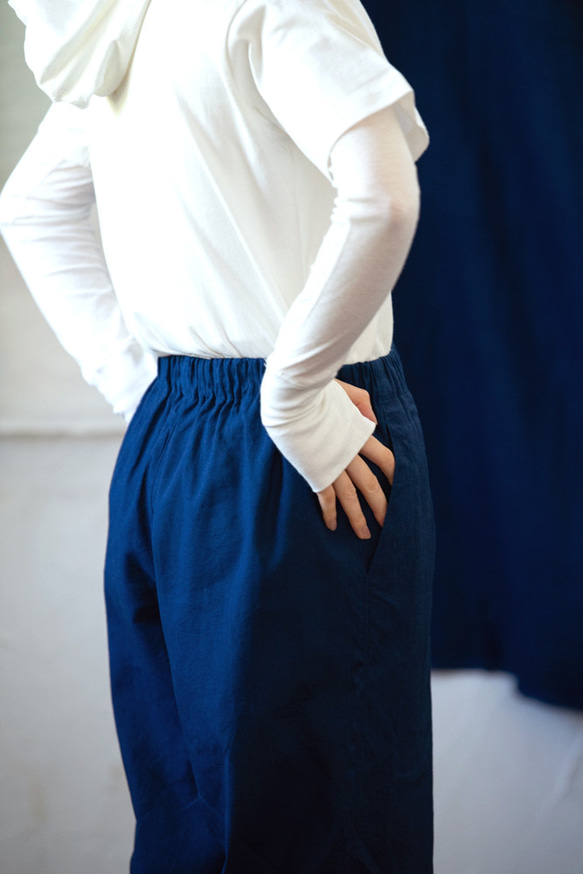 亞麻 &amp; 棉質夏季靛藍染色闊腿褲 第3張的照片