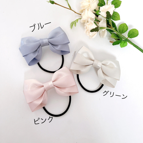 再販】国産グログランリボン ヘアゴム こども ピンク、グリーン 