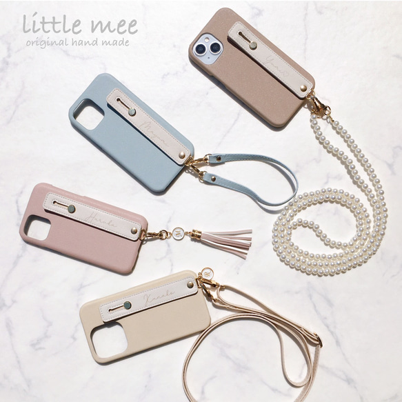 全機種対応 名入れ無料♡背面ベルト付 ハイクオリティ シンプルレザー調スマホケース 背面カバー iPhone17 16他 1枚目の画像