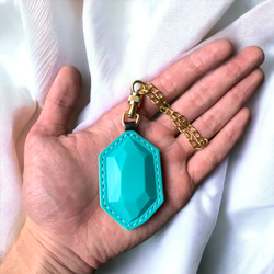 【Polyto】革の宝石キーホルダー(ターコイズグリーン) バッグチャーム 5枚目の画像