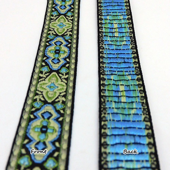 ジャガードリボン【 Ethnic Flowers / Green x Black 】20mm×1m 4枚目の画像