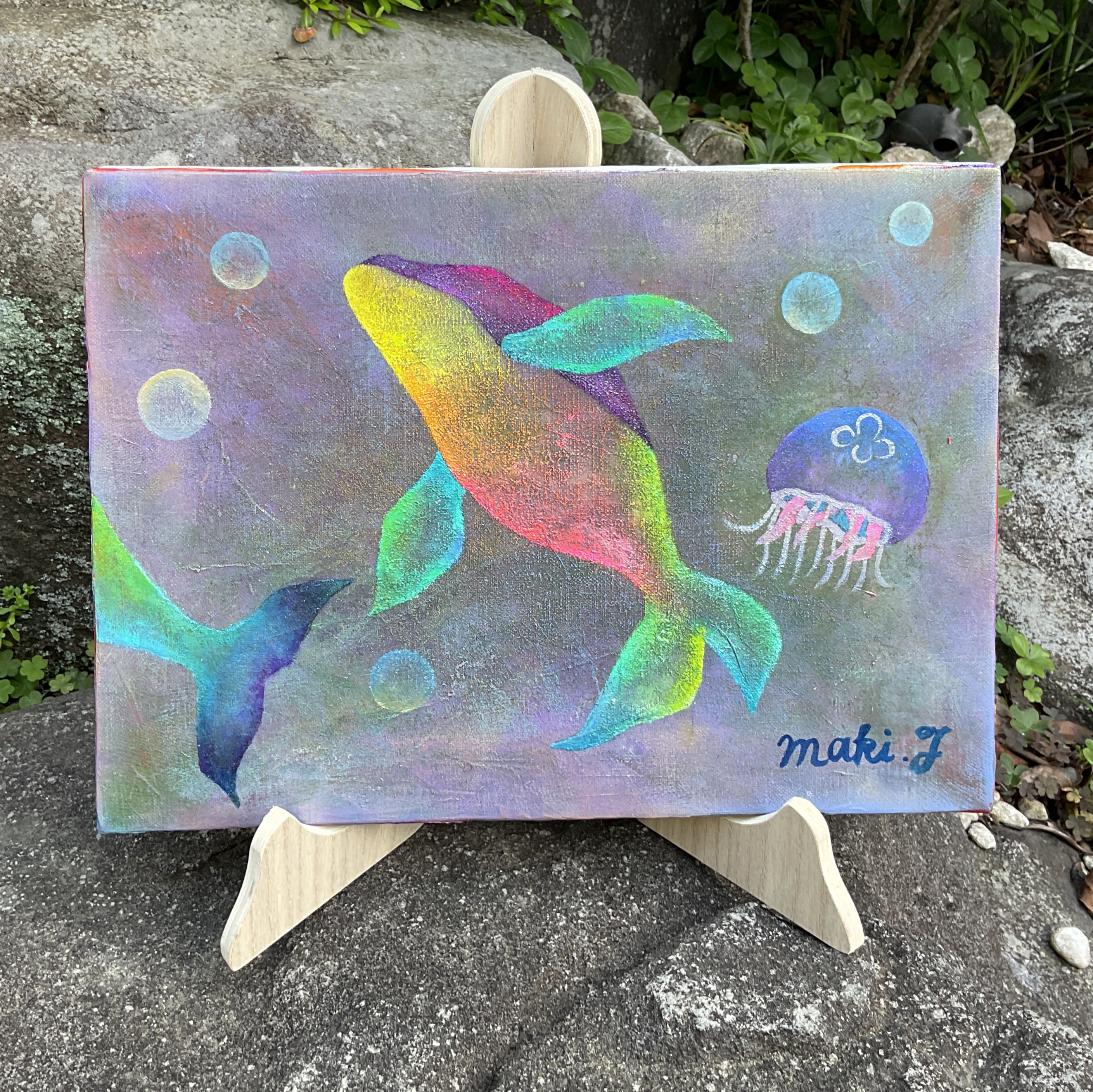 抽象画 クジラのキャンバスアート 約20cm x 25cmΩ