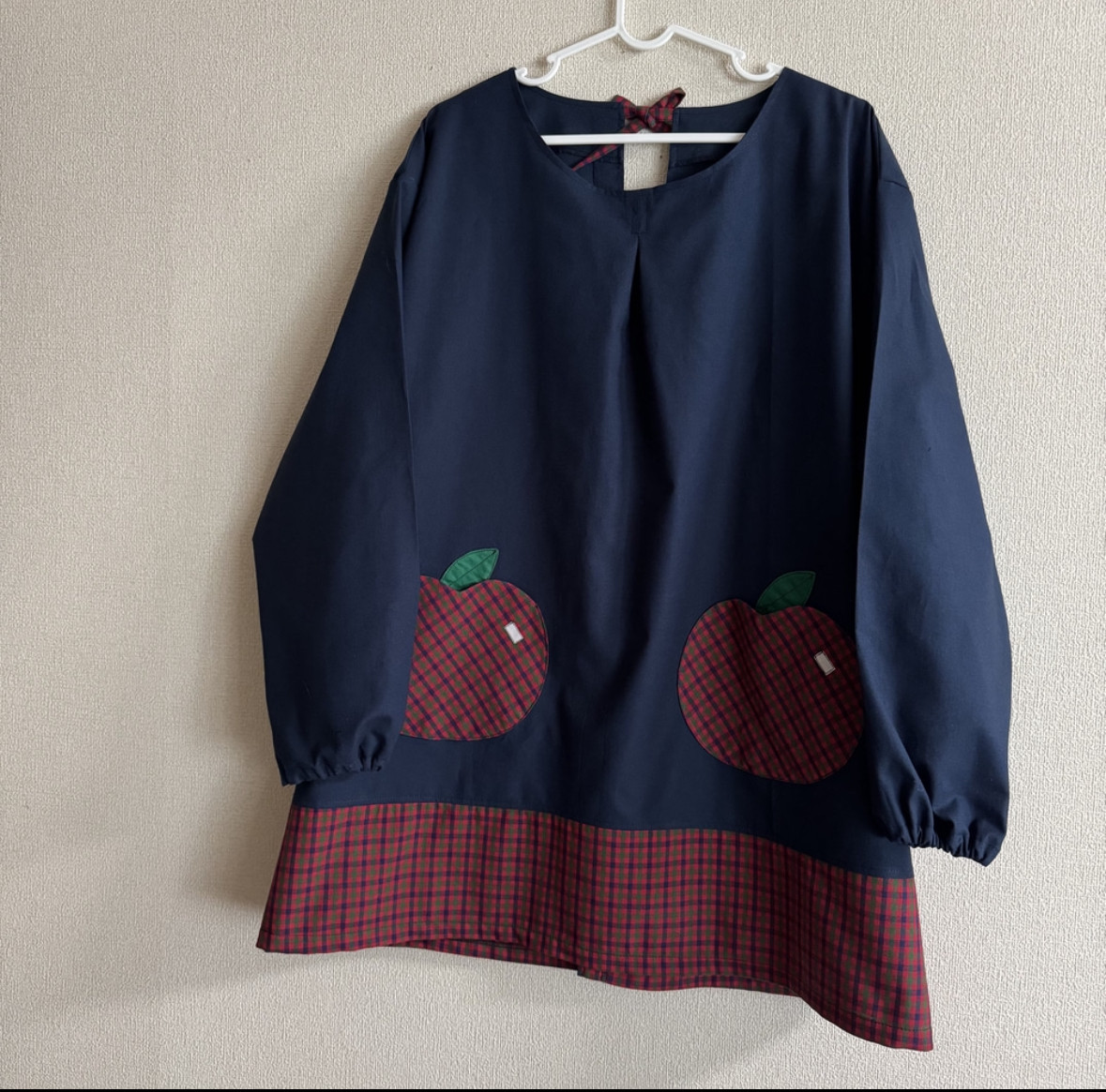 大人 S M L LLsize Aライン りんごポケット タータンチェック 赤 割烹着 スモック 後ろあき 切替あり