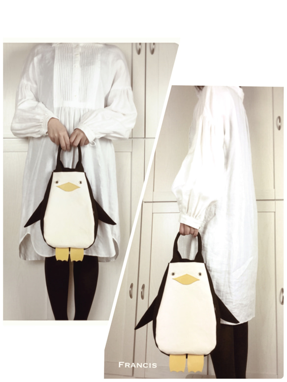 SIOCO・8号帆布 ×牛革 ペンギントートバッグ 《Francis》ブラック×生成り ゴールドアイタイプ　動物バッグ 6枚目の画像