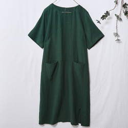 穿著方便又舒適！ 100%亞麻洋裝短袖深藍綠230507-2 第1張的照片