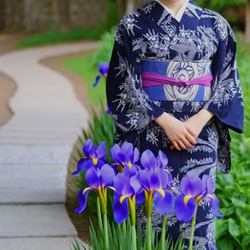 手染め型染浴衣 縦ラインに流れる小川に菖蒲が着姿をキレイに魅せる