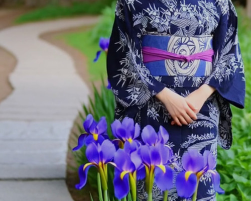 手染め型染浴衣 縦ラインに流れる小川に菖蒲が着姿をキレイに魅せる