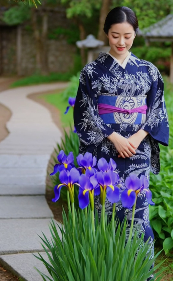 手染め型染浴衣 縦ラインに流れる小川に菖蒲が着姿をキレイに魅せる