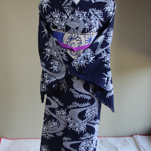 着物リメイク ハンドメイド ブラウスシャツ 濃い藍染め絹紅梅織