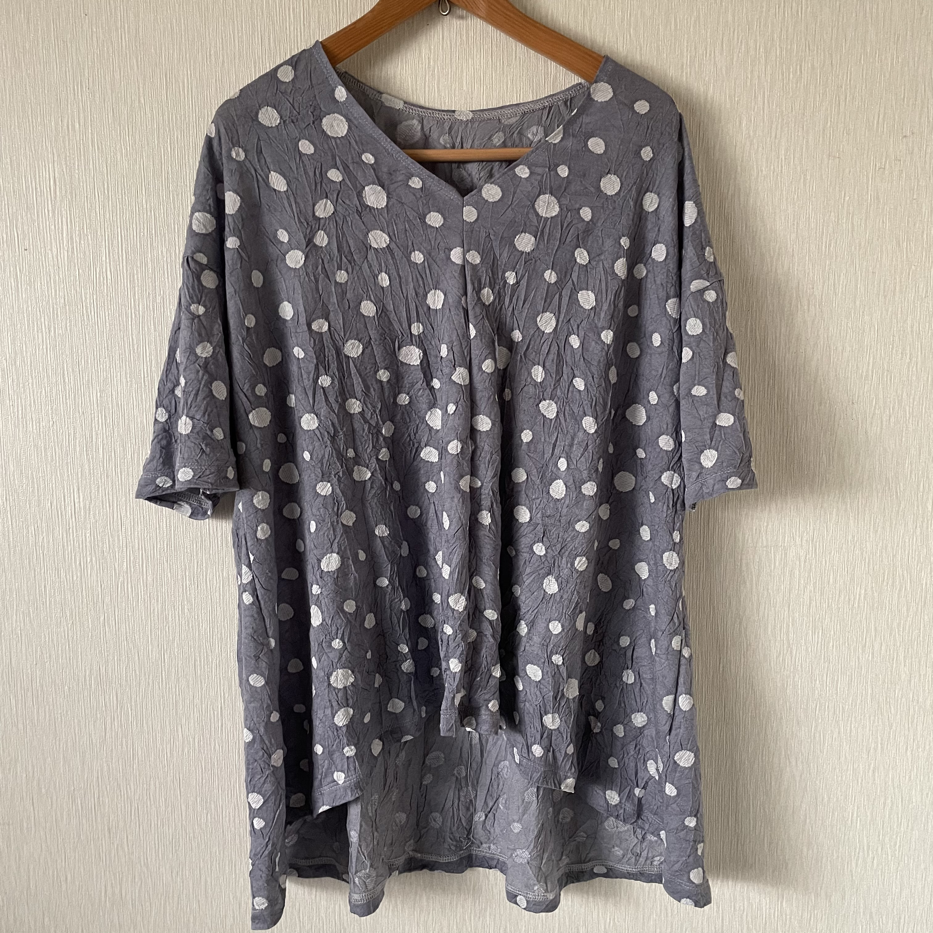 Vネック後ろ下がりゆったり水玉半袖チュニック　グレー白Ｆ