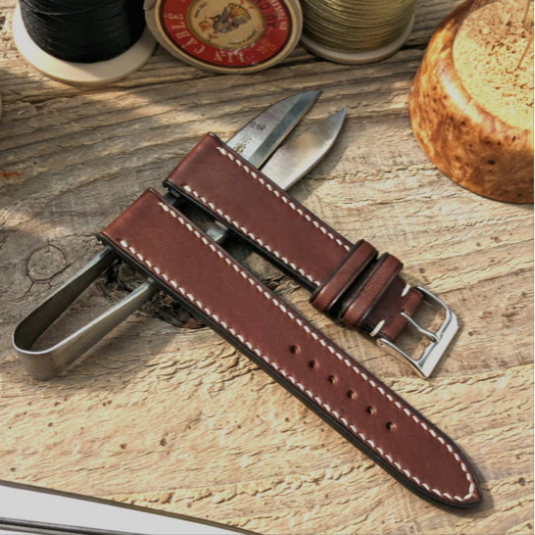 Haasフレンチレザー　カーフスキン チョコレート｜フルステッチ 時計ベルト｜サイズ・糸色　カスタマイズ対応｜受注制作