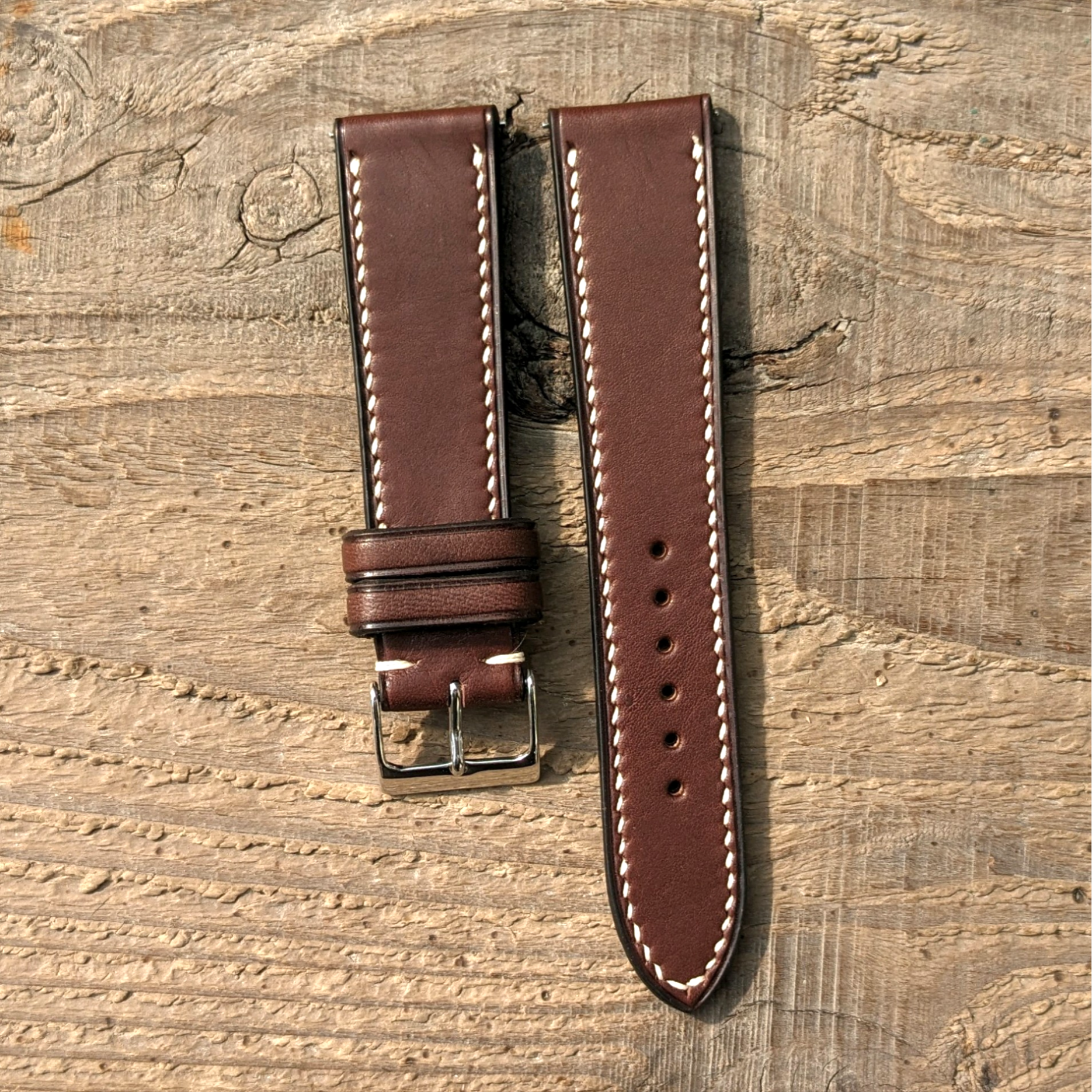 Haasフレンチレザー　カーフスキン チョコレート｜フルステッチ 時計ベルト｜サイズ・糸色　カスタマイズ対応｜受注制作