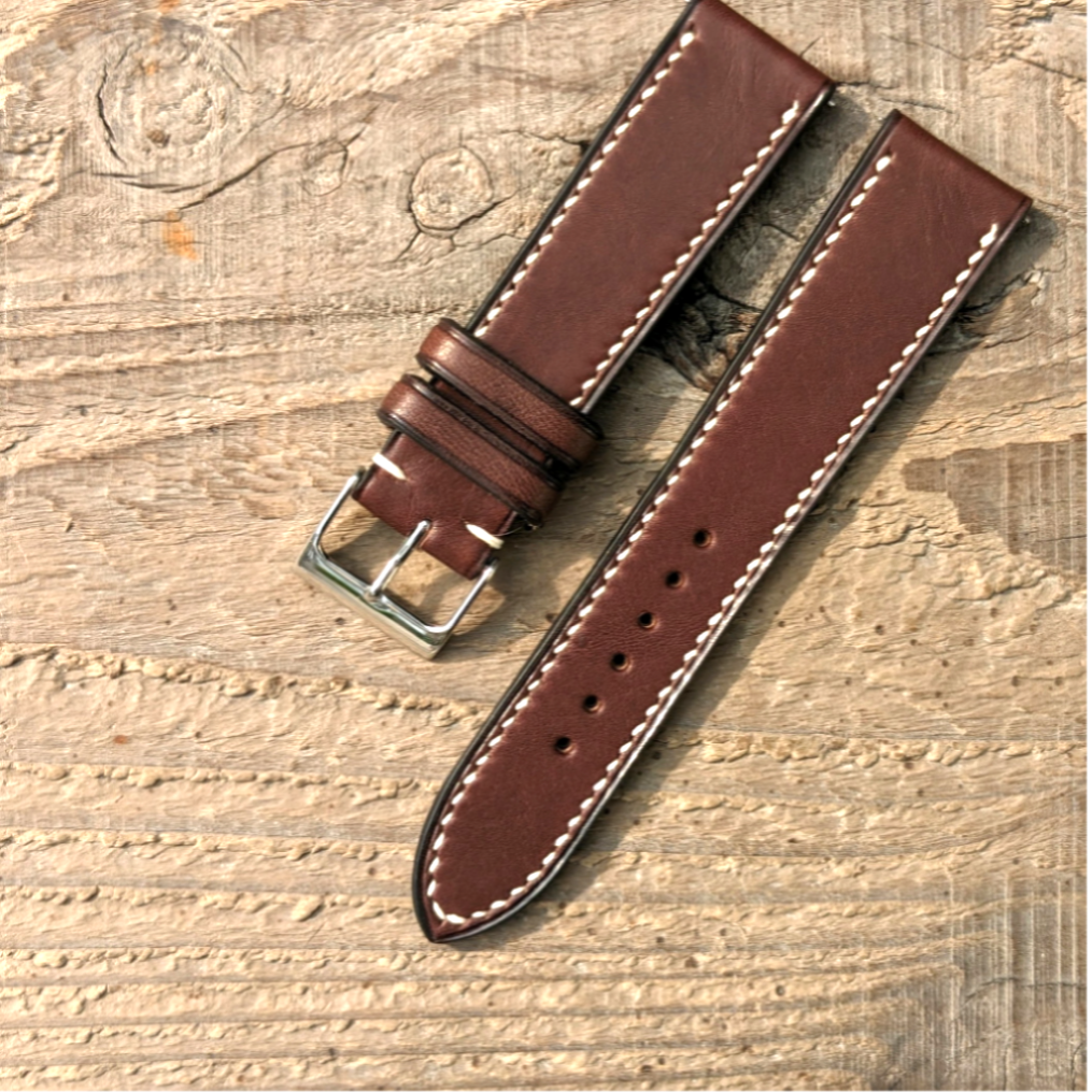 Haasフレンチレザー　カーフスキン チョコレート｜フルステッチ 時計ベルト｜サイズ・糸色　カスタマイズ対応｜受注制作