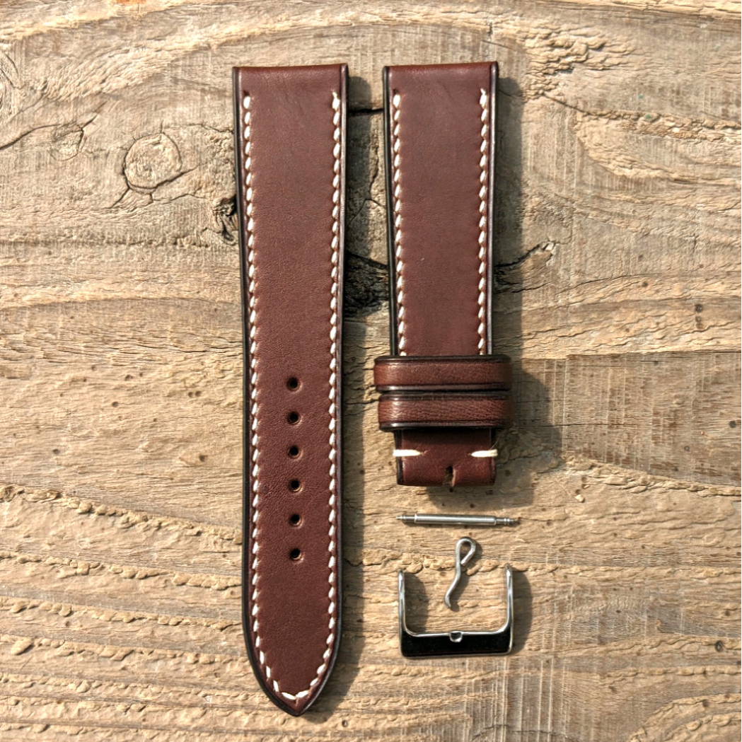 Haasフレンチレザー　カーフスキン チョコレート｜フルステッチ 時計ベルト｜サイズ・糸色　カスタマイズ対応｜受注制作