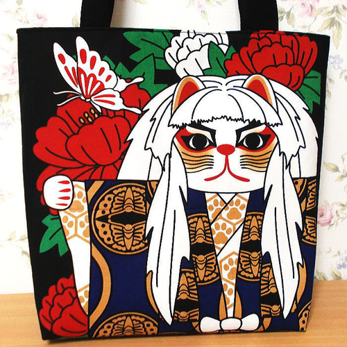 連獅子モチーフの猫和柄トートバッグ｜A4対応・肩掛け可 トートバッグ