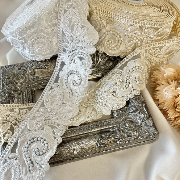 【新品未使用】華やか、総レース　リボン刺繍、パールのジャケット 50cm インド刺繍リボン パール付き 花柄 #pw17 リボン・テープ
