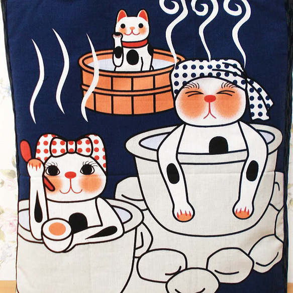 和柄 大きめトートバッグ いい湯だな♪ 露天風呂 招き猫 ハンドメイド ショルダーバッグ エコバッグ 帆布 にゃんこ 4枚目の画像