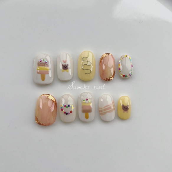 【現品のみ】わんちゃんネイルチップアイスクリームサンデー10枚セット 現品】ネイルチップ 手描きネイル アイスクリームネイル くま