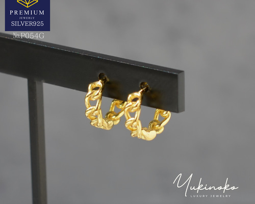 P054G 喜平デザイン ゴールド チェーンリングフープピアス SILVER925