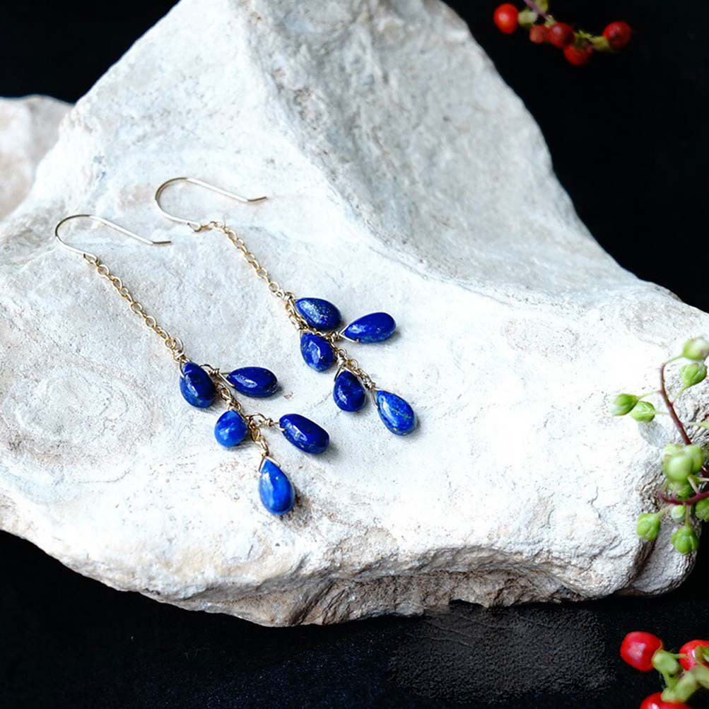 K18 ラピスラズリ ペアシェイブ 天然石 シャンデリア ピアス or イヤリング ~夜空の輝き