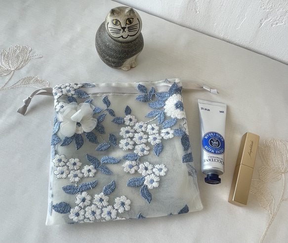 【再販】イタリア製チュールレース巾着袋　ブルー2 3枚目の画像
