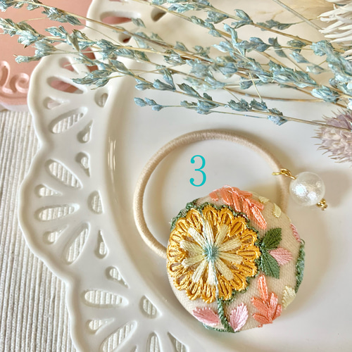 新色追加 インド刺繍リボン ヘアゴム 大ぶりお花 ピンク ブルー 