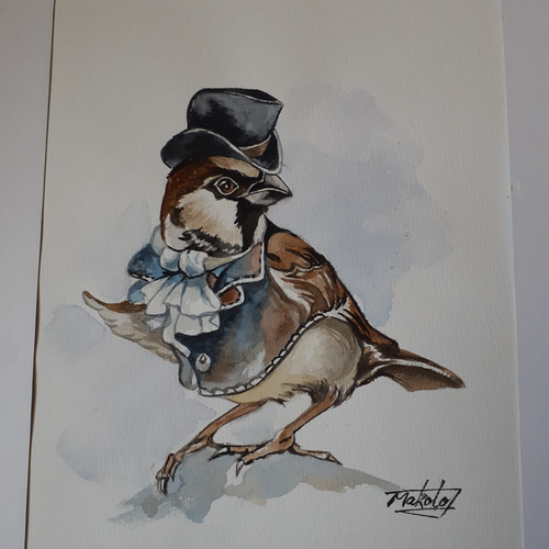水彩画 ダンディな雀おじさん 絵画 makochin 通販 15895924｜Creema