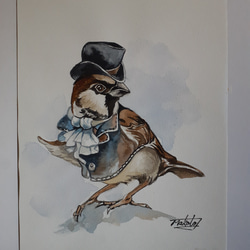 水彩画 ダンディな雀おじさん 絵画 makochin 通販 15895924｜Creema