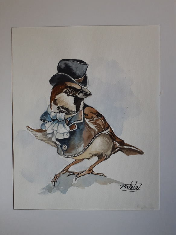水彩画 ダンディな雀おじさん 絵画 makochin 通販 15895924｜Creema