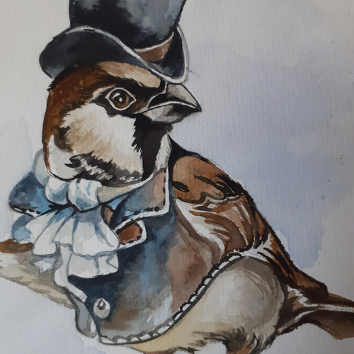 水彩画 ダンディな雀おじさん 絵画 makochin 通販 15895924｜Creema